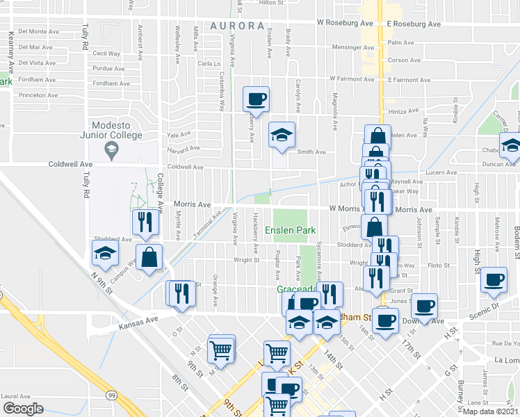 map of restaurants, bars, coffee shops, grocery stores, and more near 440 Hackberry Avenue in Modesto