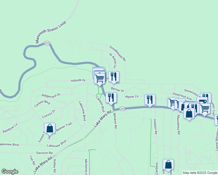 map of restaurants, bars, coffee shops, grocery stores, and more near 111 Berner Street in Mammoth Lakes