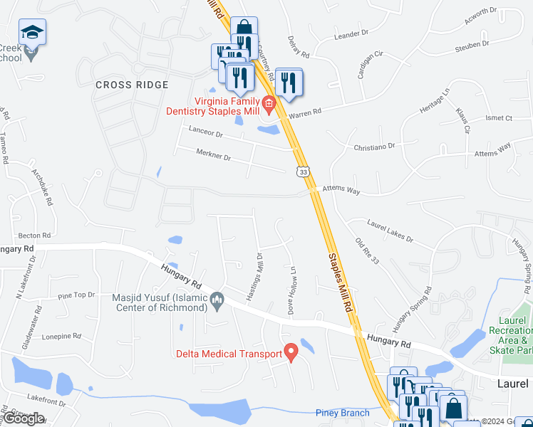 map of restaurants, bars, coffee shops, grocery stores, and more near 9716 Dove Hollow Lane in Glen Allen