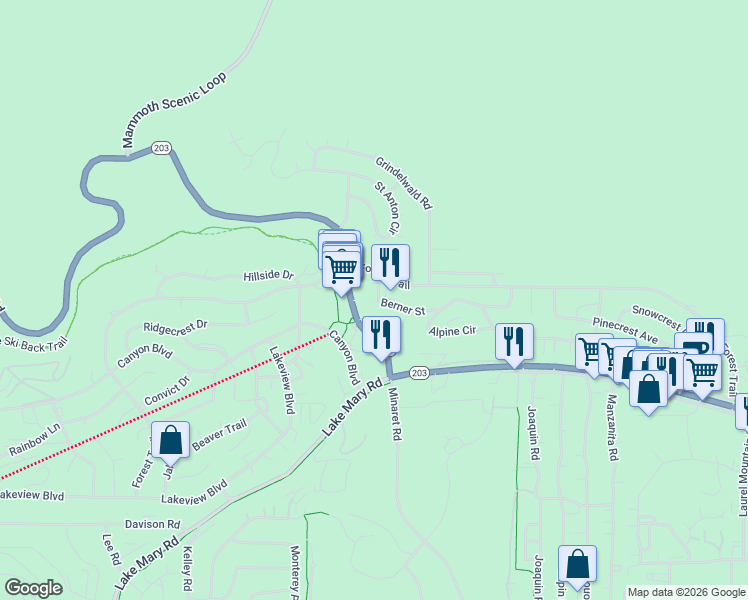 map of restaurants, bars, coffee shops, grocery stores, and more near 111 Berner Street in Mammoth Lakes