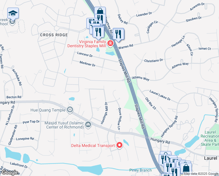 map of restaurants, bars, coffee shops, grocery stores, and more near 9716 Dove Hollow Lane in Glen Allen