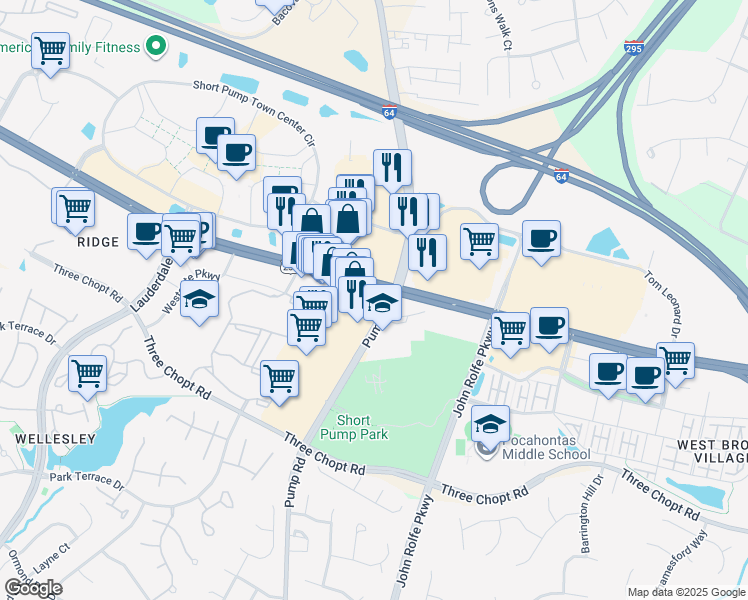map of restaurants, bars, coffee shops, grocery stores, and more near 11501 West Broad Street in Richmond