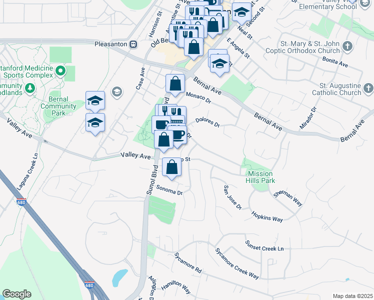map of restaurants, bars, coffee shops, grocery stores, and more near 5363 Sonoma Drive in Pleasanton