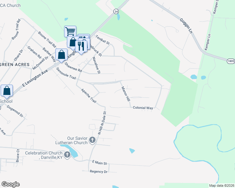 map of restaurants, bars, coffee shops, grocery stores, and more near 152 Wetherburn Court in Danville