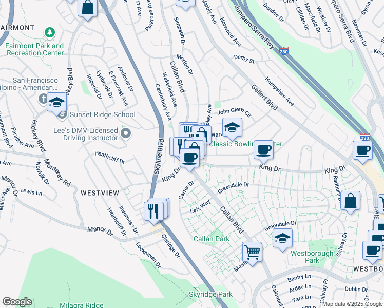 map of restaurants, bars, coffee shops, grocery stores, and more near 4037 Callan Boulevard in Daly City