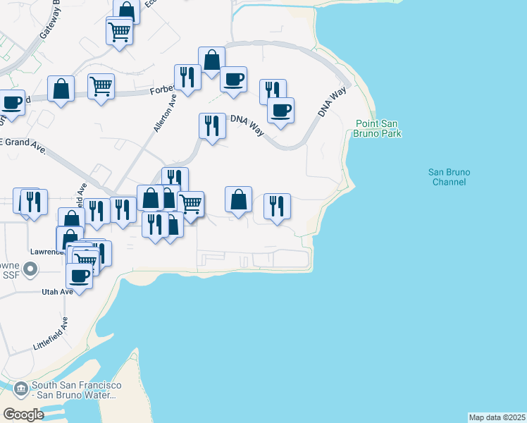 map of restaurants, bars, coffee shops, grocery stores, and more near 600 East Grand Avenue in South San Francisco