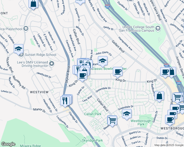 map of restaurants, bars, coffee shops, grocery stores, and more near 375 Shipley Avenue in Daly City