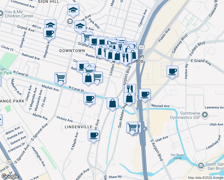 map of restaurants, bars, coffee shops, grocery stores, and more near 7 South Linden Avenue in South San Francisco