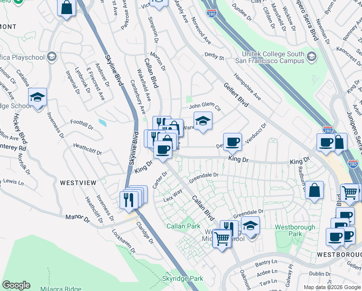 map of restaurants, bars, coffee shops, grocery stores, and more near 375 Shipley Avenue in Daly City