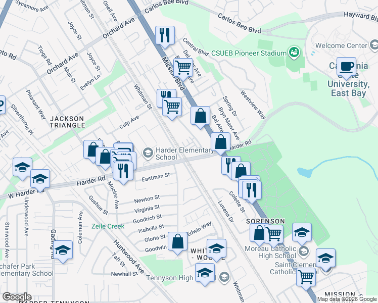 map of restaurants, bars, coffee shops, grocery stores, and more near 211 Fanuncio Lane in Hayward