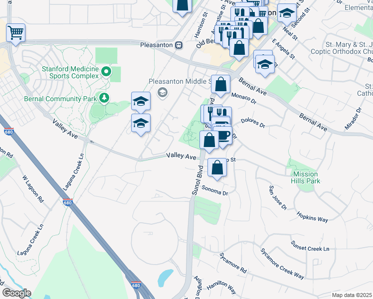 map of restaurants, bars, coffee shops, grocery stores, and more near 100 Valley Avenue in Pleasanton