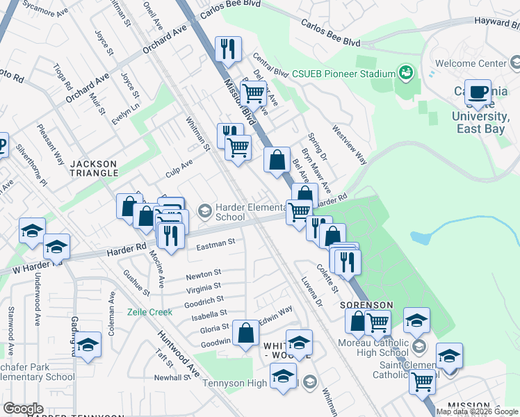 map of restaurants, bars, coffee shops, grocery stores, and more near 211 Fanuncio Lane in Hayward