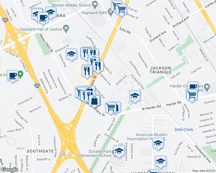 map of restaurants, bars, coffee shops, grocery stores, and more near 24955 Cypress Avenue in Hayward