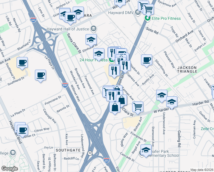 map of restaurants, bars, coffee shops, grocery stores, and more near 467 Mackenzie Place in Hayward