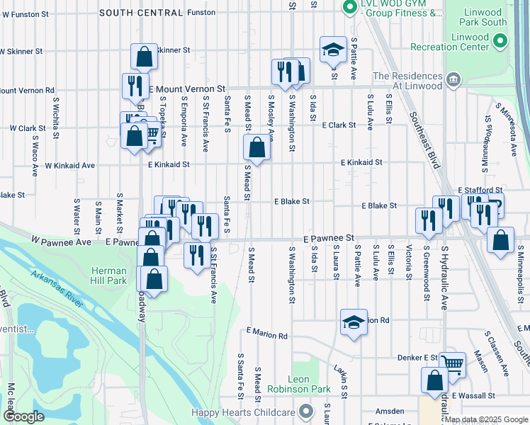 map of restaurants, bars, coffee shops, grocery stores, and more near 2304 S Mosley St in Wichita