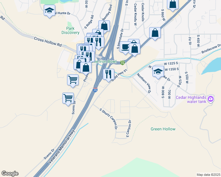 map of restaurants, bars, coffee shops, grocery stores, and more near 1477 South Old Highway 91 in Cedar City