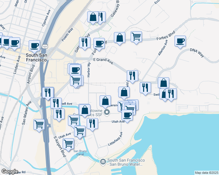 map of restaurants, bars, coffee shops, grocery stores, and more near 253 East Harris Avenue in South San Francisco