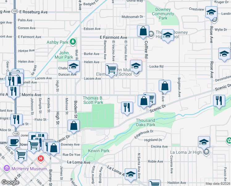 map of restaurants, bars, coffee shops, grocery stores, and more near 529 Esgar Avenue in Modesto