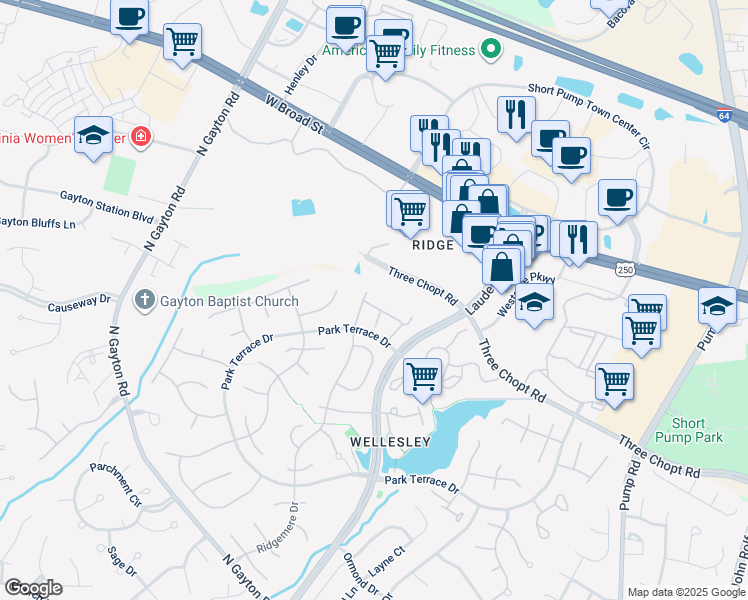 map of restaurants, bars, coffee shops, grocery stores, and more near 12048 Foxfield Circle in Richmond