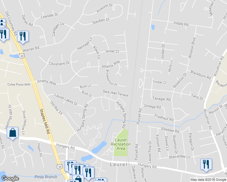 map of restaurants, bars, coffee shops, grocery stores, and more near 3022 Sara Jean Terrace in Glen Allen