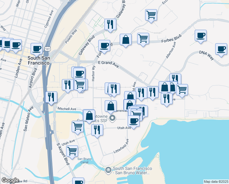 map of restaurants, bars, coffee shops, grocery stores, and more near 253 East Harris Avenue in South San Francisco