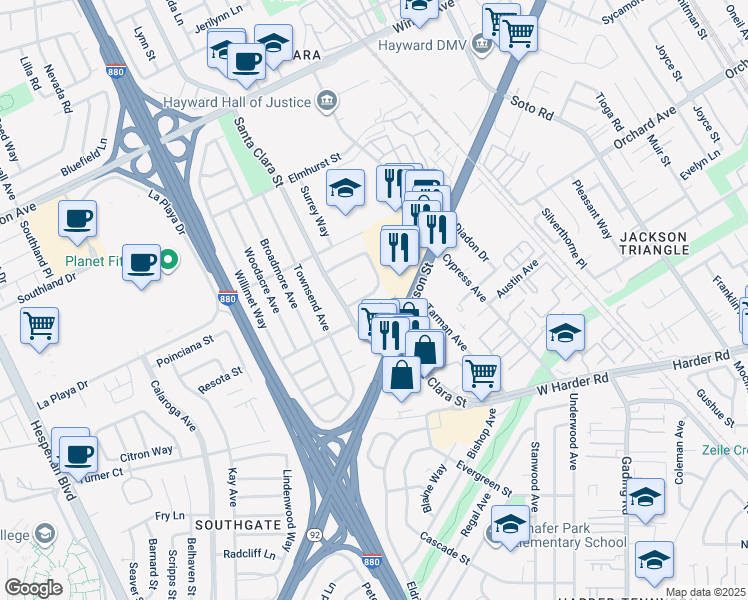 map of restaurants, bars, coffee shops, grocery stores, and more near 466 Mackenzie Place in Hayward