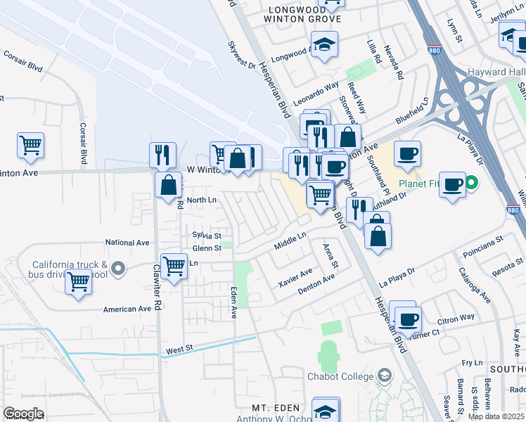 map of restaurants, bars, coffee shops, grocery stores, and more near 1200 West Winton Avenue in Hayward