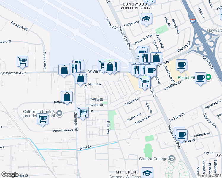 map of restaurants, bars, coffee shops, grocery stores, and more near 1200 West Winton Avenue in Hayward