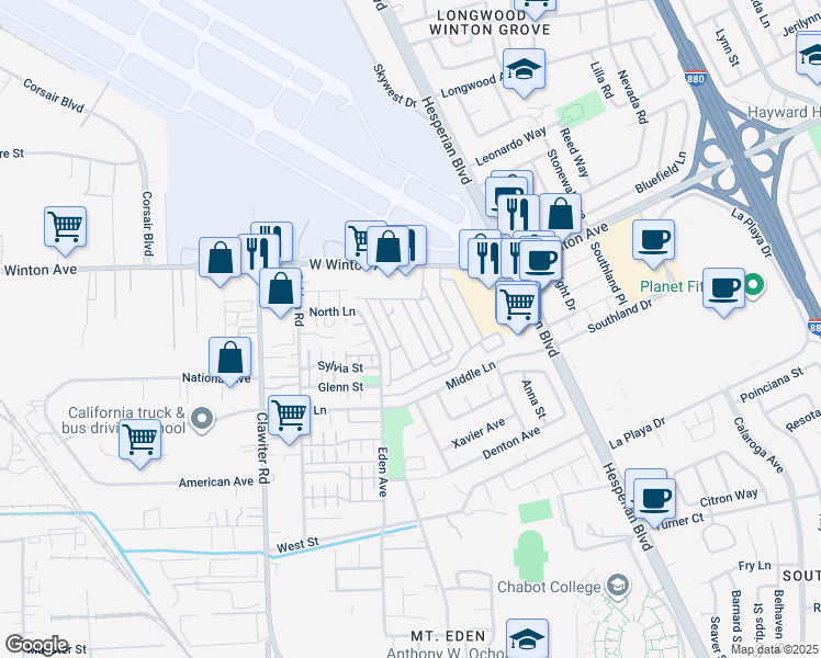 map of restaurants, bars, coffee shops, grocery stores, and more near in Hayward