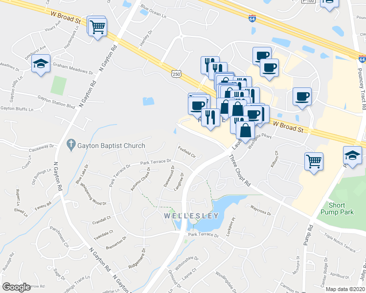 map of restaurants, bars, coffee shops, grocery stores, and more near 12048 Foxfield Circle in Richmond