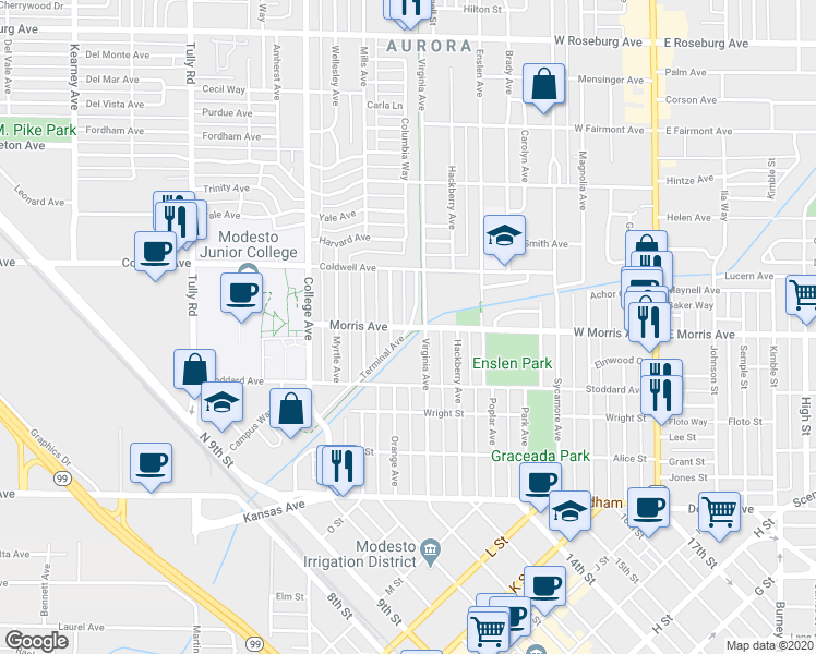map of restaurants, bars, coffee shops, grocery stores, and more near West Morris Avenue & Terminal Avenue in Modesto