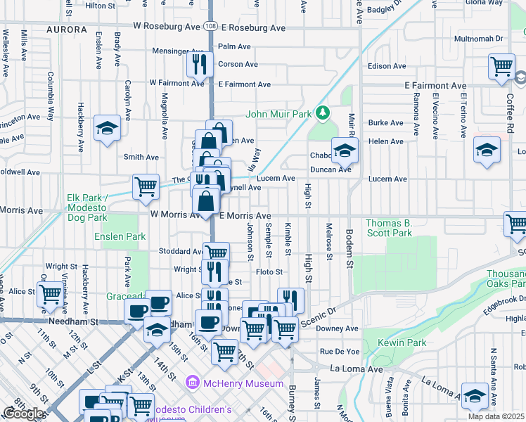 map of restaurants, bars, coffee shops, grocery stores, and more near 217 East Morris Avenue in Modesto