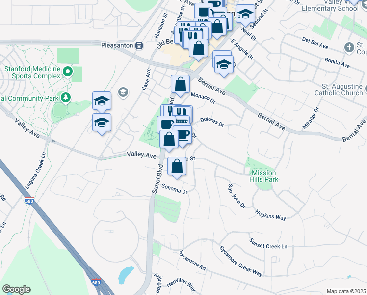 map of restaurants, bars, coffee shops, grocery stores, and more near 5345 Sonoma Drive in Pleasanton