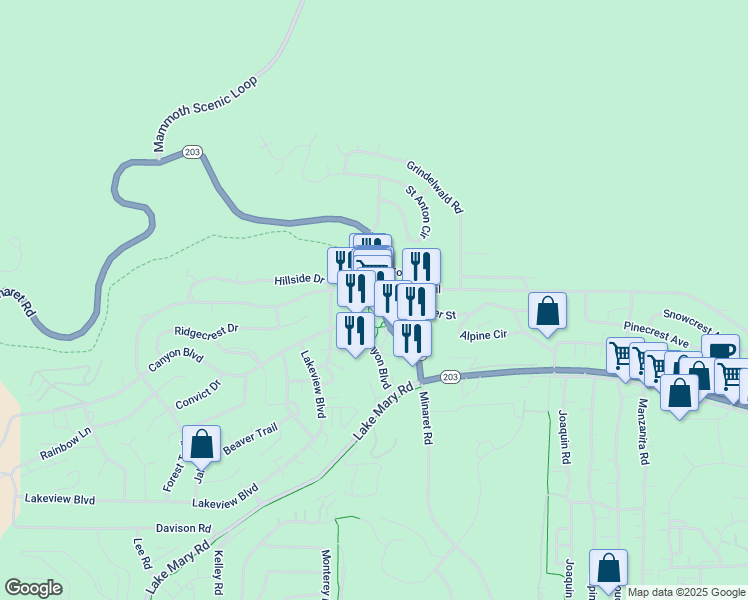map of restaurants, bars, coffee shops, grocery stores, and more near 6244 Minaret Road in Mammoth Lakes