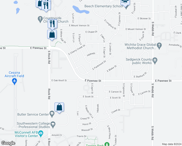 map of restaurants, bars, coffee shops, grocery stores, and more near 8509 East Parkmont Drive in Wichita