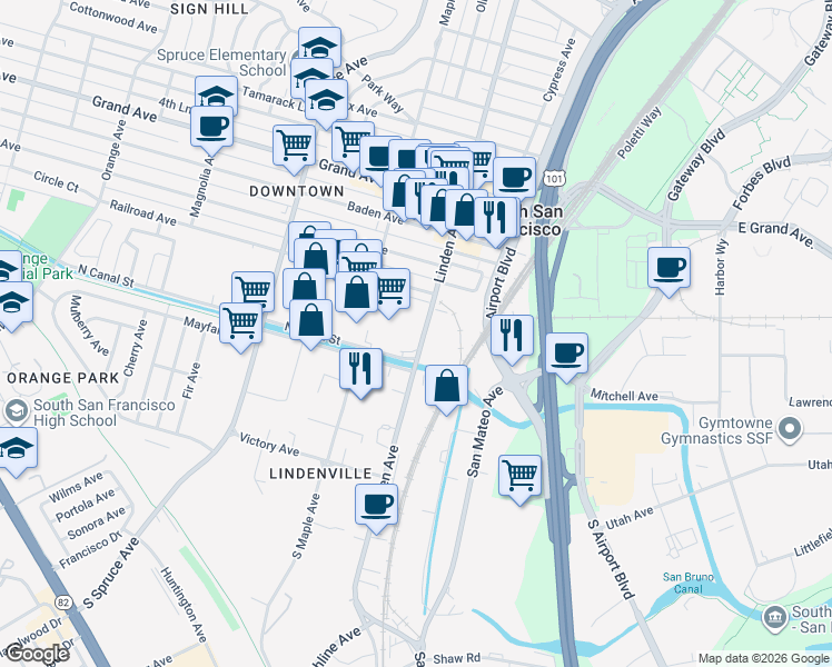 map of restaurants, bars, coffee shops, grocery stores, and more near 20 South Linden Avenue in South San Francisco