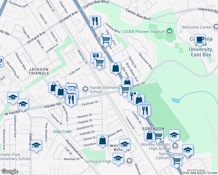 map of restaurants, bars, coffee shops, grocery stores, and more near 211 Fanuncio Lane in Hayward
