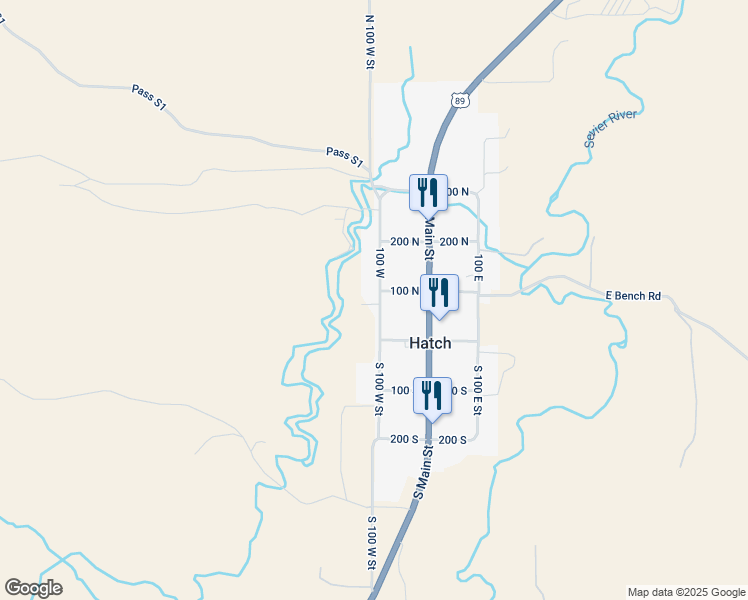 map of restaurants, bars, coffee shops, grocery stores, and more near 85 North 100 West Street in Hatch