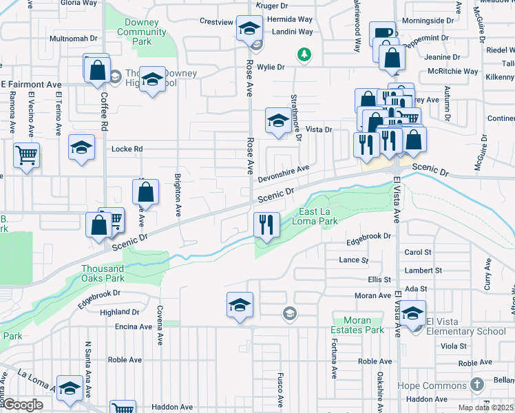 map of restaurants, bars, coffee shops, grocery stores, and more near 1808 Scenic Drive in Modesto
