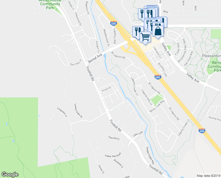 map of restaurants, bars, coffee shops, grocery stores, and more near 8200 Arroyo Drive in Pleasanton