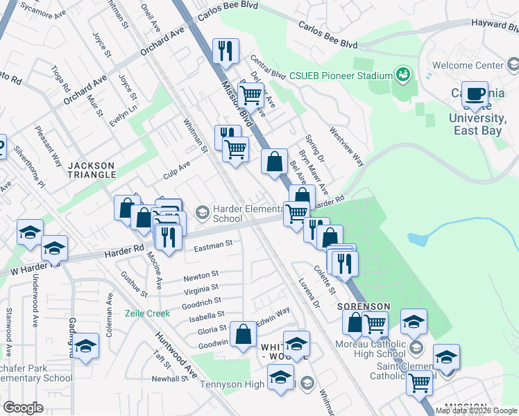 map of restaurants, bars, coffee shops, grocery stores, and more near 211 Fanuncio Lane in Hayward