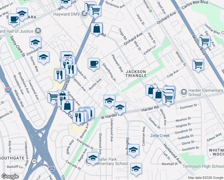 map of restaurants, bars, coffee shops, grocery stores, and more near 25147 Huntwood Avenue in Hayward