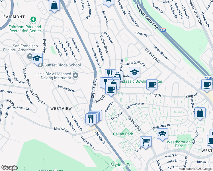 map of restaurants, bars, coffee shops, grocery stores, and more near 4037 Callan Boulevard in Daly City