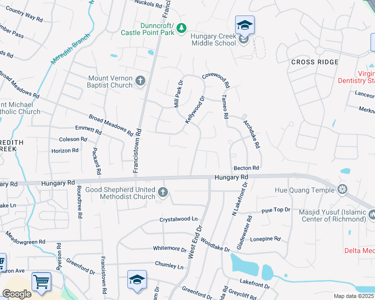 map of restaurants, bars, coffee shops, grocery stores, and more near 9100 Peace Mill Place in Glen Allen