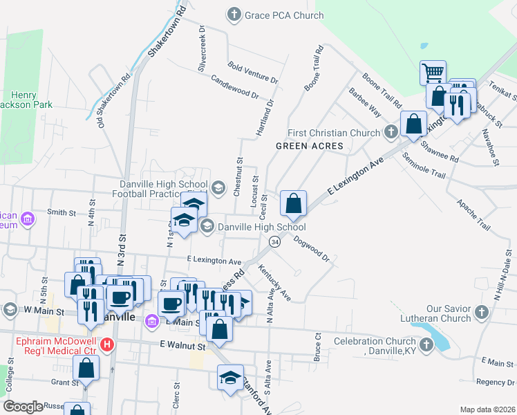 map of restaurants, bars, coffee shops, grocery stores, and more near 408 Locust Street in Danville