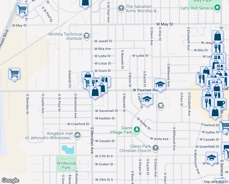 map of restaurants, bars, coffee shops, grocery stores, and more near 2336 South Saint Clair Street in Wichita
