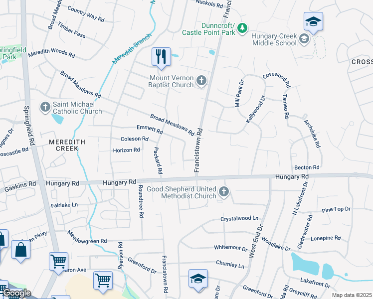 map of restaurants, bars, coffee shops, grocery stores, and more near 4617 Emmett Road in Glen Allen