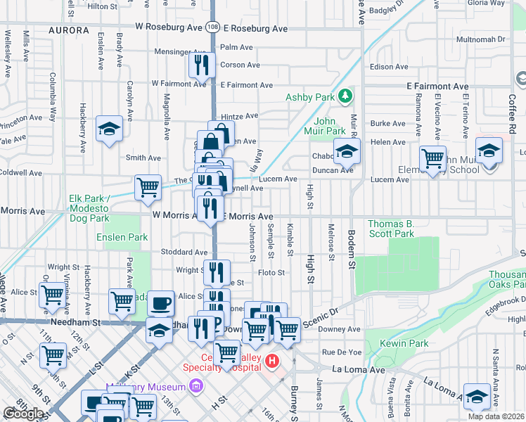 map of restaurants, bars, coffee shops, grocery stores, and more near 211 East Morris Avenue in Modesto