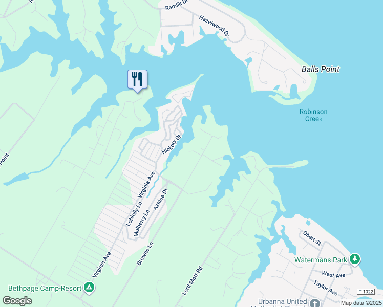 map of restaurants, bars, coffee shops, grocery stores, and more near 855 Browns Lane in Urbanna