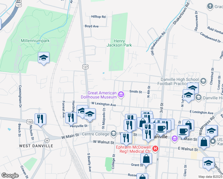 map of restaurants, bars, coffee shops, grocery stores, and more near 357 Swope Drive in Danville